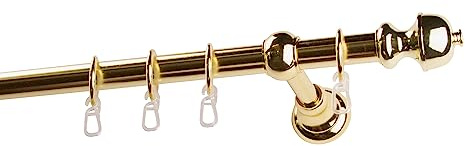 Garesa Gardinenstange Andrea Ø 20mm, 1-läufig, Messing I Stabile Vorhangstange inkl. Ringe + Faltenlegehaken I Mit Endknopf Profil klein I 150cm