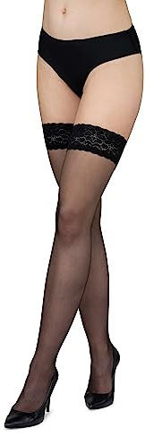 LORES Medias autoadhesivas de sujeción para mujer con encaje, medias de muslo alto de silicona, 15 denier, por encima de la rodilla, Nero XL/XXL