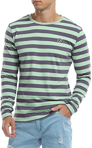 KUYIGO Camiseta de Manga Larga Bordada para Hombre, Camiseta clásica de algodón a Rayas, Camiseta de Moda, 3XL, Verde Menta, Lila y Gris