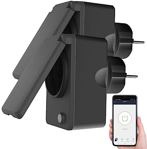 Luminea Home Control WLAN-Steckdose App: 2er-Set smarte WLAN-Outdoor-Steckdose, Energiekostenmesser, 16A, IP44 (Zeitschaltuhr mit Strommessung, mit Steuerung, Weihnachtsbaumbeleuchtung kabellos)