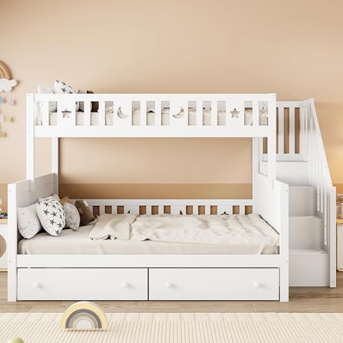 Moimhear Letto per bambini 90x200 / 140x200 cm, Letto a castello in legno massiccio con scala di sicurezza, due ampi cassetti e rete a doghe (Modello 708)