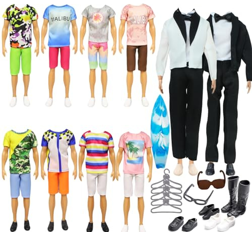 26 Pcs Ropa de Muñeca Compatible con Ken Ropa y Accesorios, 1 Conjunto de Ropa 5 Ropa de Ocio 5 Pantalones 12 Zapatos 5 estantes de Ropa 1 Auriculares 1 Almohadilla 12 Pulgadas muñeca de niño