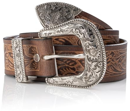 Angus Stoke Cintura western de cuero de búfalo – Para mujer y hombre, estilo vaquero vintage western y rodeo – Cintura original de cuero tallada a mano Jessy, marrón, Bundweite 90 (46-48)