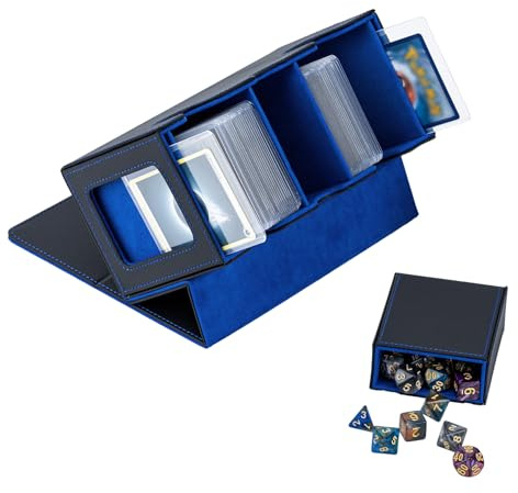 Tolesum 3 en 1 Caja de Cartas para MTG con Compartimiento Dado, 2 Ventanas de Pantalla Lateral, Caja Magnética de Tarjetas Contener 200+ Tarjetas para Cartas de Magic Commander TCG - Negro Azul
