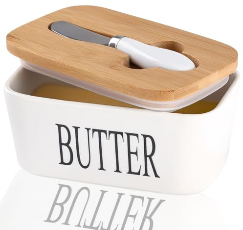 Butter Dish, Ceramic Butter Dish with Bamboo Lid and Cutter, White | Porcelain Butter Box with Metal Knife, 650ml Storage Butter Container for Nuts Cheese ( 17.1x11x7.5cm )