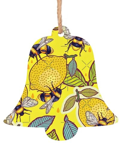 Ornamenti per albero di Natale in legno con stampa di limoni e api gialli rustici da appendere con corde di iuta