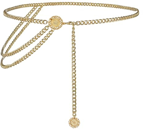 Multilayer Metal Chain Belts, Womens Gold Waist Chain Fashion for Dresses Adjustable Body Belly Chain Long Waist Belt for Jeans Trousers Dresses