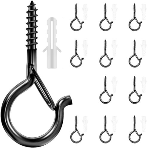 OIXEYA 12 PCS ganci a vite in acciaio inox con vite di sicurezza, 53mm, ganci a vite per legno, ganci neri per viti, viti a gancio per piante, casette per uccelli e campanelli a vento