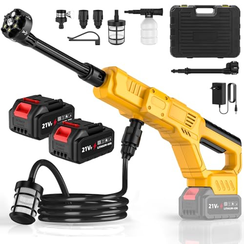 Nettoyeur Haute Pression sans Fil, Nettoyeur Haute Pression sur Batterie 50 Bars avec 2 x 3Ah Batteries, Buse Réglable 6 en 1, Nettoyeur Hydrojet pour Nettoyer Les Voitures et l’Extérieur