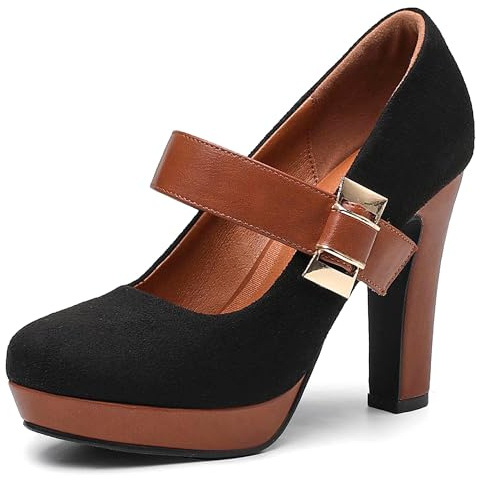 NEWBELLA Women's Platform Pumps - High Heel Closed Toe Dress Shoes with Ankle Strap, Comfortable Block Heel Round Toe Wedding & Party Shoes, Black 9
