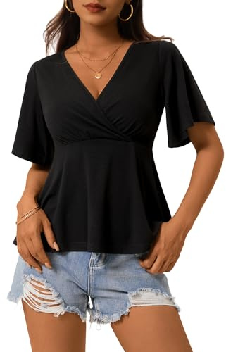 TORARY Black Blouses for Women Elegant Wrap Neck Flowy Womens Work Tops