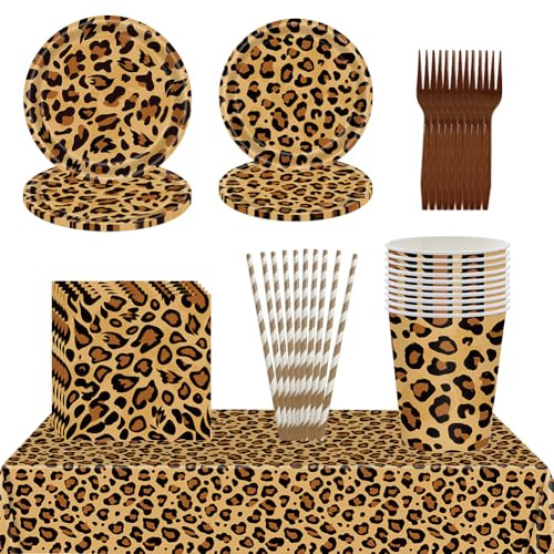 Stoviglies per Feste Stampa Leopardo, Stoviglie da compleanno Stampa Leopardata, Leopardo Decorazioni di Compleanno, Comprende Stoviglie Tovaglie Tovaglioli e Posate per 10 Persone