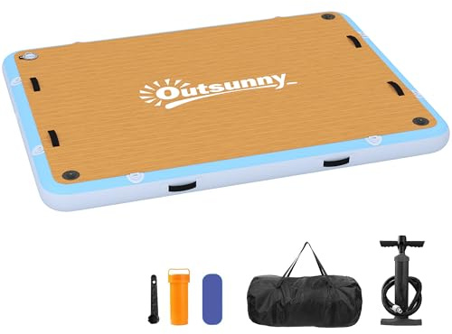 Outsunny Dock gonfiabile galleggiante 2,4 x 1,8 m piattaforma galleggiante gonfiabile per 4-6 persone con superficie antiscivolo, scala rimovibile, pompa ad aria, borsa per il trasporto dell'acqua