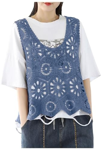 Genérico Chaleco De Punto Para Mujer Sin Mangas Crochet Calado Bordado Estampado Floral Cuello Cuadrado En V Estilo Bohemio Vintage Corta Holgada Ligera Para Playa Verano Informal Ropa De Abrigo