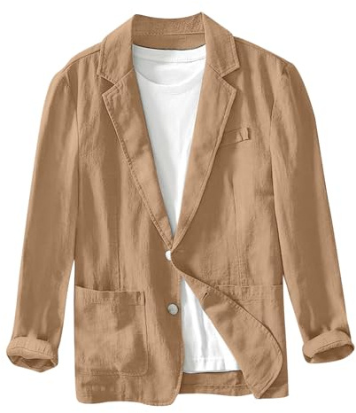 Chaqueta Lino Blazer Hombre Casual Americana Manga Larga Solapa Botones Bolsillos Color Sólido Holgado Talla Grande Ligero Transpirable Cómodo para Verano Uso Diario