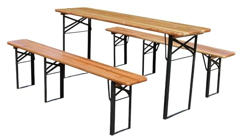 kowdom Vikbart öltält-set 177 cm – 3-delat fällbordsset med 2 ölbänkar av massiv tall, väderbeständigt, ölbord för trädgård, camping och festtält, träfärg