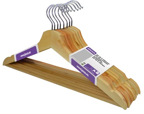 Jocca - Perchas de Madera | Barra para los Pantalones y Muescas para Evitar Que se deslicen Las Prendas | Gancho Cromado | 44x16x1,1cm (8 Unidades)