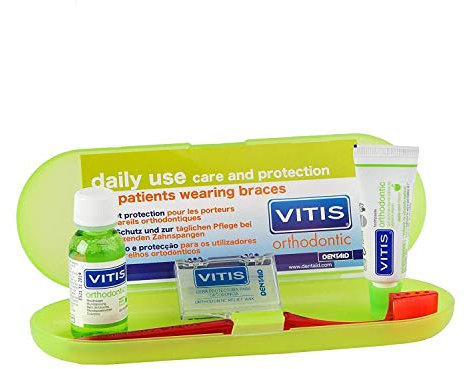 VITIS Orthodontic Travel Kit - 15ml Orthodontic Toothpaste + 30ml Orthodontic mouthwash + Orthodontic Relief Wax + Orthodontic Toothbrush + interprox Brush with Safety Travel Box