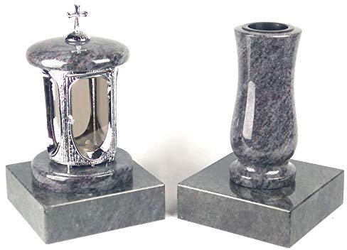 designgrab Grablampe aus verchromtem Aluminium mit Kreuz und Grabvase und 2 Stück Sockel eckig in Granit Orion