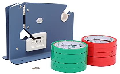KATSU Plastic Bag Neck Sealer Tape Dispenser with a Spare Blade and 10 Rolls of Tape 45 Meters Each, Food Bread Bag Packaging Sealer Fits 9-12mm Wide Tapes 832154 | Matbröd brödpåse förpackningstätare, passar 9-12 mm breda tejp, för livsmedel och bageri, modell 832154