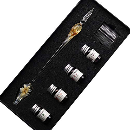 SIPLIV Handmade Crystal Glass Intarsia Dip Pen Fountain Pen Kit Calligraphy Signatures Pen with 4 Colors Ink, Pen Holder, Cleaning Cup, Yellow