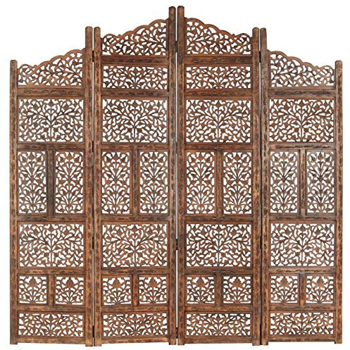 Tidyard Paravent Holzornament Raumteiler 4-TLG. Handgeschnitzt Klappbar Trennwand Paravent Spanische Wand Sichtschutz Braun 160×165 cm