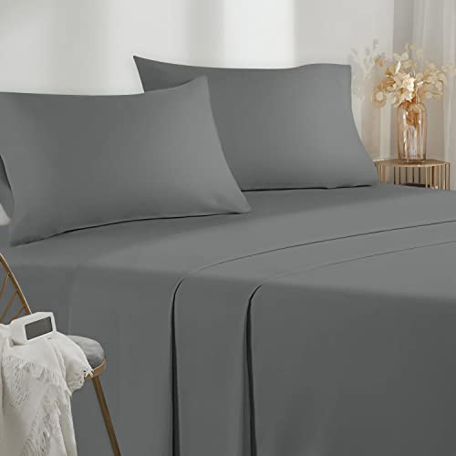 Poligino Lakan för dubbelsäng 150 – set med sängkläder i mikrofiber bestående av 4 delar – lakan med hörn – överlakan – 2 örngott 50 x 80 – lakan för dubbelsäng 150 x 190/200 cm, mörkgrå