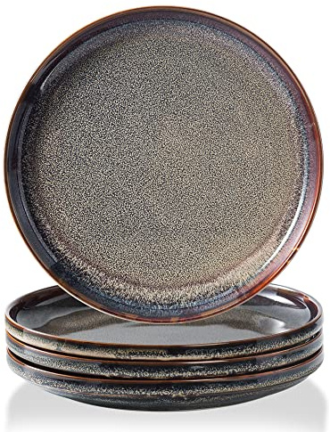 KYBSCZ Ceramic Flat Plates Set of 4-8 in - The Dessert, Salad, Appetizer, Small Lunch, etc Plate. Microwave, Oven, and Dishwasher Safe, Scratch Resistant. Kitchen Porcelain Dish-Caramel Brown