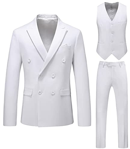 Ensemble de Costume Slim Fit 3 Pièces pour Hommes Veste Unie à Double Boutonnage Pantalon Gilet Ensembles de Blazer de Robe de Soirée de Mariage Vintage (Blanc,M)