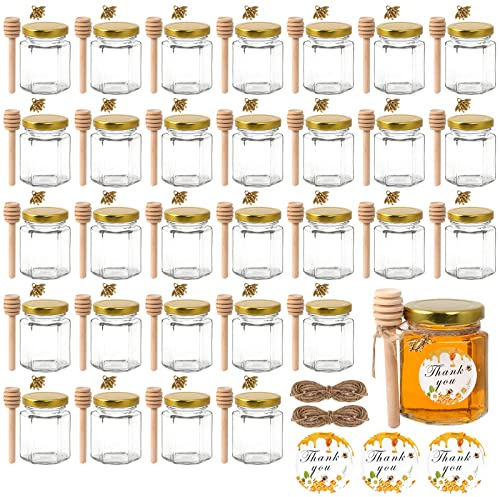 BIGIVACA 3 oz Mini Honey Jars - 30 Pack Hexagon Glass Jars with Wood Dippers, Gold Lids, Bee Pendants, Jutes, Stickers for Wedding Favors, Party Favors, Candle Making