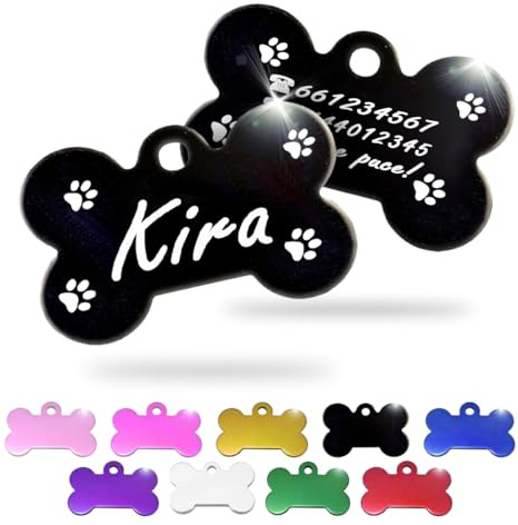 Ibera gifts - Plaque identification personnalisée pour chien et chat - petits à moyens - en forme d’os - personnalisé médaille gravure medaillon dog tag colier (Pattes, Noir)