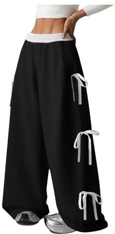 Verdusa Girl's Coquette Bow Wide Leg Baggy Pants Lightweight Cute Spring Summer Sweatpants with Pockets Grey Black 10 Years