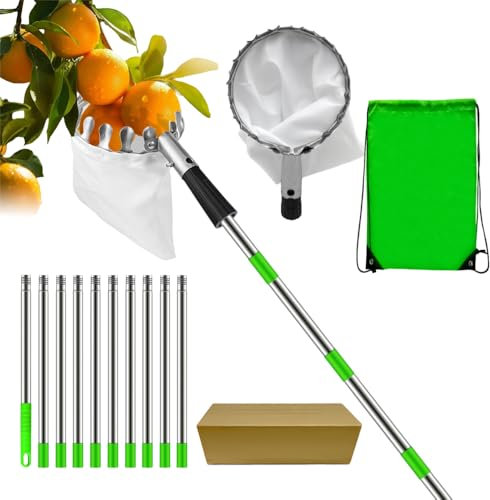 Hojalis 4.2M Apple Picker with Telescopic Handle, Fruit Picker Tool with 10 Sections Telescopic Pole & Storage Bag, Easy to Assemble, Stainless Steel Fruit Grabber for Apple Peach Pear Orange Cherry