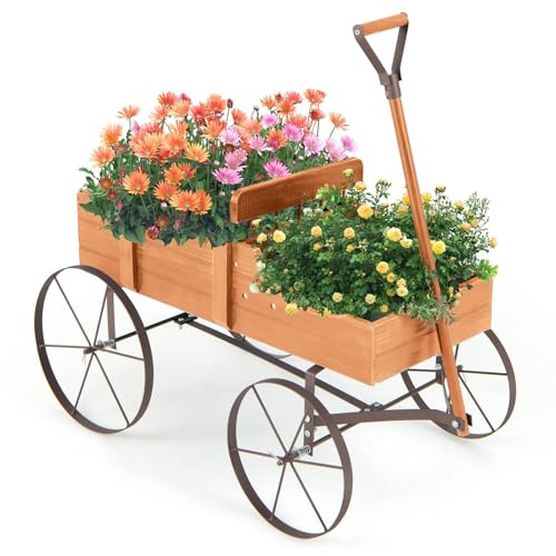 RELAX4LIFE Fioriera da Esterno a Forma di Carriola 62 x 34 x 60cm, Fioriera in Legno di Abete con 4 Ruote e Maniglia Regolabile, Carriola Portafiori con Drenaggio per Giardino Max 15kg (Arancio)