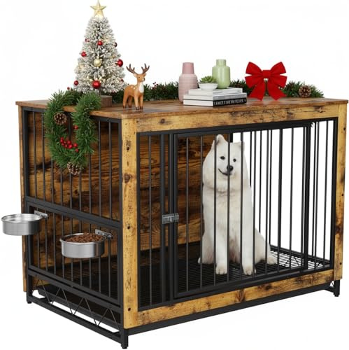 MAMIZO Gabbia per Cani Interno 93x64x58 CM, Tavolino, Armadietto, Casetta per Cani con 2 Ciotole e Porte, Kennel Cane con Vassoio Estraibile, gabbia cane Medio Piccolo, Colore Legno