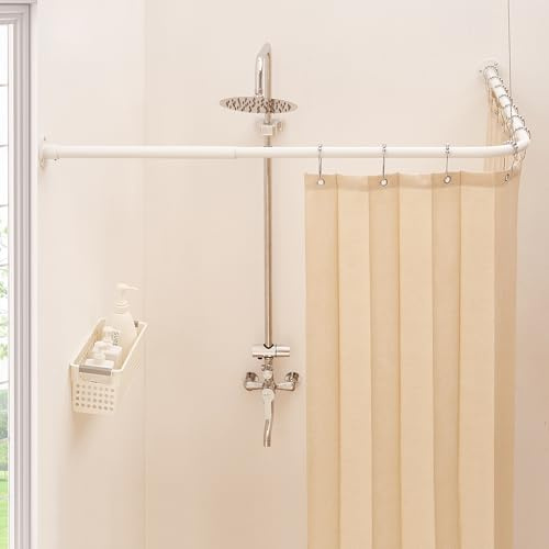 Mirooyu Barra de Ducha de Esquina en Forma de L, Ajustable [60-132 cm] x [60-132 cm], Robusta y Ajustable 90° para Baño, Bañera y Exterior con 12 Ganchos y Soporte de Techo