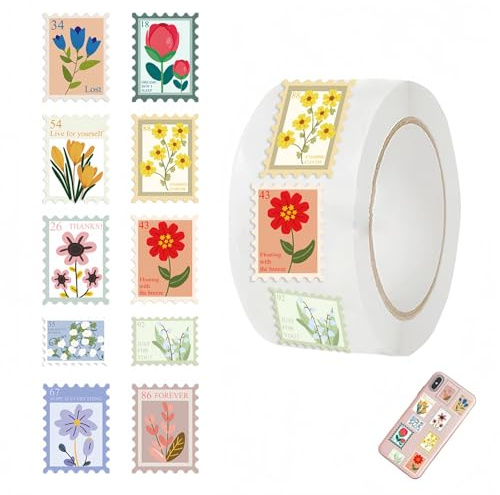 Flower Post Stamp Stickers Roll, 500PCS Flower Stamps Roll Sticker, Personalised Aesthetic Stick/ers for Multi-Surfaces Use, 10 Styles Cartoon Floral, 1 Ro/ll Flo/wer Stic/ker, Notebook Stic/KERS
