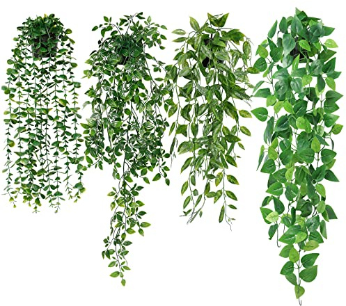 4 stycken konstgjorda hängväxter, eukalyptusblad med krukor, underhållsfria, konstgjorda växter, vinranka, dekoration, växter för trädgård, inomhus, utomhusdekoration (pothos)