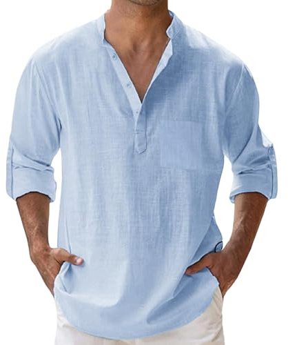 Camicia Lino Uomo Taglie Forti Coreana Abbigliamento Estivo Magliette Completo Casual Slim Fit Camicie Di Estiva Elegante Vestiti Maniche Corte Maglietta Estive Manica Lunga Camice,Blue,XL,azzurra