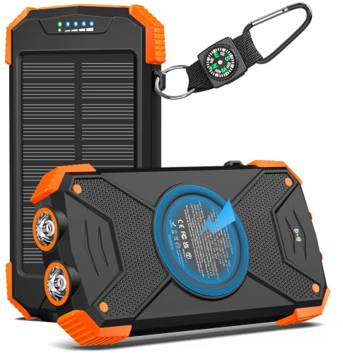 BLAVOR Power Bank Solar, Cargador Solar 10000mAh, Carga Rápida PD de 20W, Powerbank Portátil USB-C con Panel Solar, Carga Rápida Inalámbrica con Linterna, Batería para Acampada, Móvil, Negro