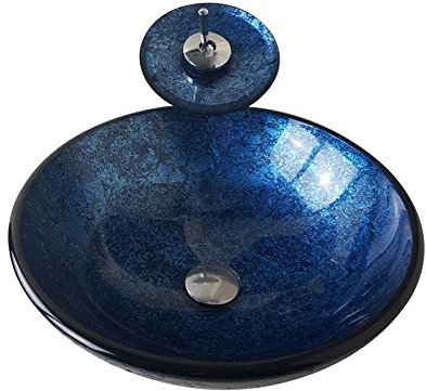 HomeLava Lavabo Vasque en Verre Trempé Bleu, avec Robinet Cascade à poser la salle de bain