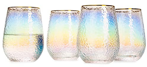 Rainbow Hammered Iridescent Stemless Wine & Water Glasses - Set of 4-100% Glass 15oz Mouthblown Colorful Pearl Glasses - Anniversaries, Birthday Gift, Cocktail Party Radiance - Water, Whiskey, Gift