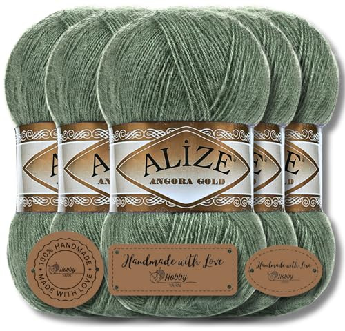 Alize Angora Gold - 5 gomitoli di lana turca di alta qualità da 100 g, lana vergine e acrilico, tinta unita, filato per lavorare a maglia o all’uncinetto, lana per neonati, marrone (Dark Almond | 180)