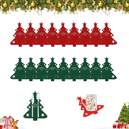 Smavles Portaposate in Feltro di Natale, 18 Pezzi Tasca per le Posate Albero di Natale Decorazione da Tavola Portaposate di Natale per Forchetta Cucchiaio Decorazione della Tavolo di Natale