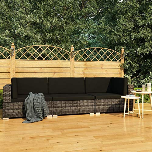 AUVYI Juego de 3 sofás de jardín con cojines, polirratán, gris, 210 x 70 x 54 cm, grupo de bancos de esquina, muebles de jardín, tumbona, sofá, comedor, salón, exterior, balcón, respaldo