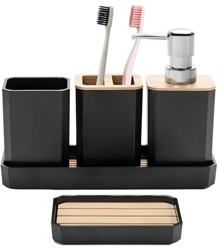 Volumoon Set de 5 pièces pour Salle de Bain en Bambou,Set de Salle de Bain avec Porte-Brosse à Dents, Distributeur de Savon, Porte Brosse à Dents, gobelet à Dents, Porte-Savon et Plateau (Noir)