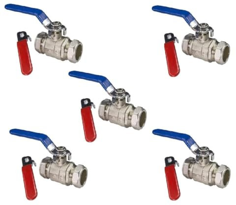 TC Pack of 5 x 22mm Lever Ball Valve Full Bore Compression Isolation Valve Red/Blue Dual Handle Shut Off Isolating Valve Full Flow - WRAS Approved