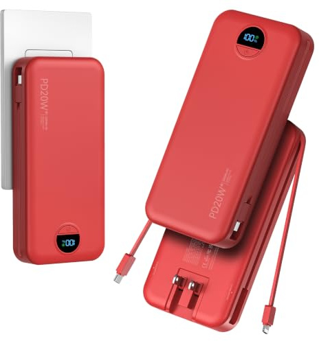 Portable Charger Power Bank 20000mAh with Built in Cables & Wall Plug