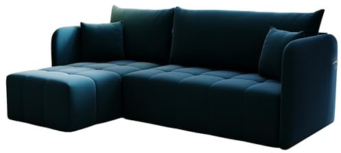 KP-Meble - Ecksofa mit Schlaffunktion Santo, Schlafsofa mit Bettkasten Couch, Wohnlandschaft, Bequemer Sitz - Velourstoff mit dekorativer Steppung - Links - Monolith 77 (Blau)
