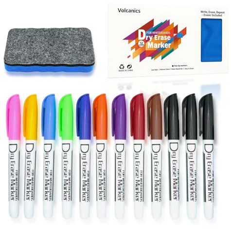 Volcanics Whiteboard Pens – 12 Pack Fine Tip Dry Erase Markers Assorted Colours with Magnetic Whiteboard Eraser – for School, Office, Home, Classroom